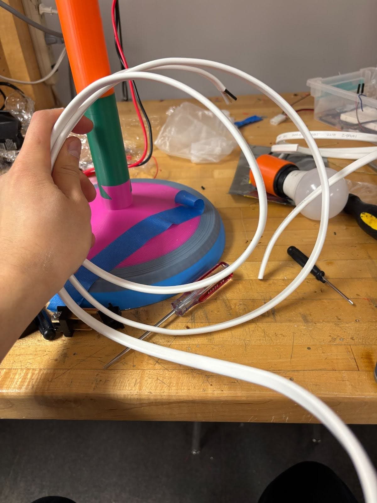 14/2 gauge AC wire preparation with exposed hot and neutral wires