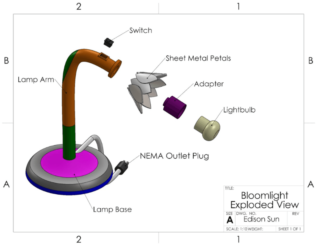 Exploded view engineering drawing of BloomLight components